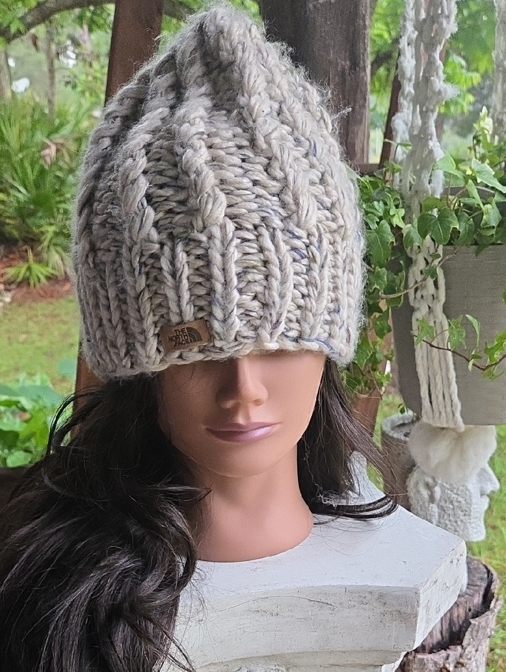 The North Face Cream And Slate Blue Cable Knit Winter Hat
